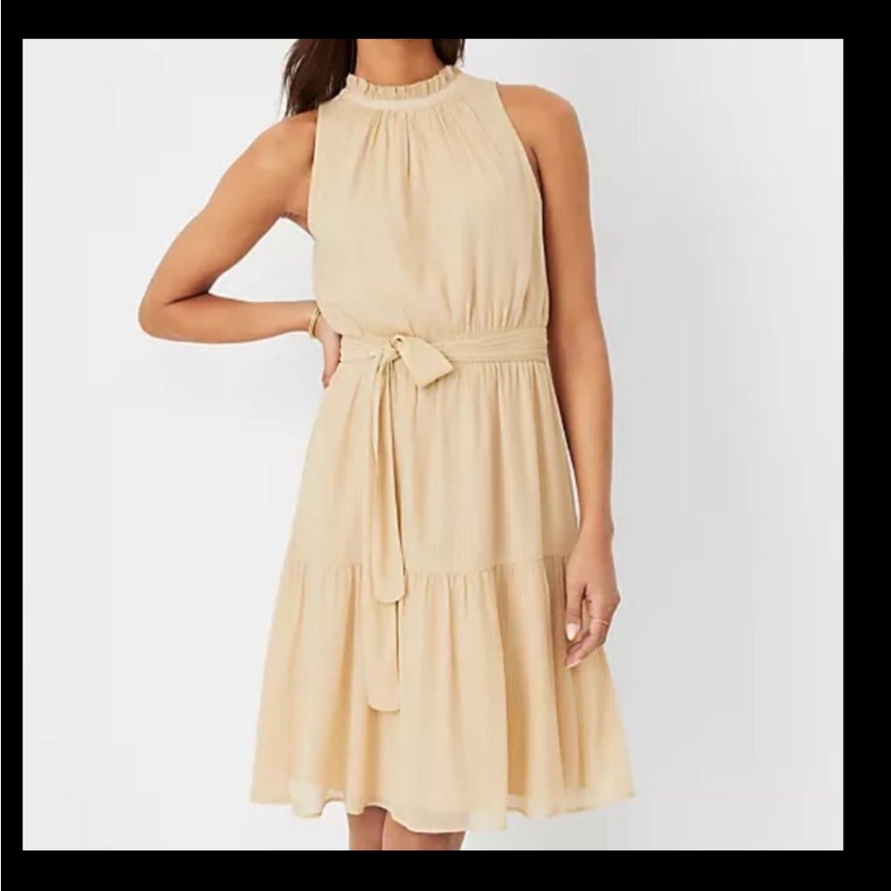 NWT Ann Taylor Gold Metallic Dobby Halter Fit Flare Dress 14P Wedding Guest